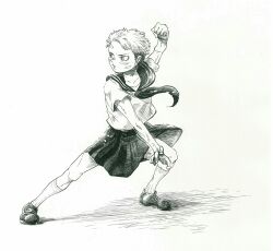  1girl arm_up bandaid bandaid_on_cheek bandaid_on_face bandaid_on_forehead clenched_hand collared_shirt commentary_request eyelashes fighting_stance greyscale hatching_(texture) monochrome neckerchief open_mouth original sailor_collar school_uniform serafuku shirt shoes short_hair short_sleeves simple_background skirt socks solo standing toned toned_female undercut v-shaped_eyebrows very_short_hair white_background zenrin1214 