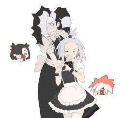  2boys 2girls alternate_costume apron black_dress blue_eyes chibi collared_dress dress enmaided grey_hair grin hair_bobbles hair_ornament hands_up heart heart_hands highres jiang_jiang_(swpv5248) long_hair maid marnie_(pokemon) multicolored_hair multiple_boys multiple_girls one_eye_closed piers_(pokemon) pokemon pokemon_bw2 pokemon_sm pokemon_swsh roxie_(pokemon) ryuki_(pokemon) short_sleeves simple_background smile teeth thigh-highs topknot two-tone_hair waist_apron white_apron white_background white_thighhighs wrist_cuffs 