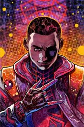  1boy \n/ abstract_background afro animal_print black_bodysuit black_hair bodysuit buzz_cut city colorful_background dark-skinned_male dark_skin gloves highres hood hooded_bodysuit hoodie jacket male_focus marvel mask miles_morales portrait print_bodysuit red_bodysuit red_gloves red_hoodie short_hair solo spider-man_(miles_morales) spider-man_(series) spider_print spider_web_print superhero_costume two-tone_bodysuit unworn_hoodie unworn_mask upper_body very_short_hair vinartwork 