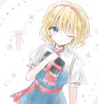  1girl alice_margatroid blonde_hair blue_dress blue_eyes book dress headband highres holding holding_book nnn_x_7 one-hour_drawing_challenge one_eye_closed petals pink_headband short_hair sketch smile solo touhou white_background 