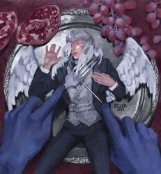  1boy \||/ black_coat blue_gloves coat ecler_ecler feathered_wings food fork fruit gloves grapes hand_on_own_chest hand_up head_wings highres holding holding_fork holding_knife honkai:_star_rail honkai_(series) imminent_cannibalism knife looking_at_viewer mini_person painterly plate pomegranate pov pov_hands scared short_hair solo sunday_(honkai:_star_rail) vest white_hair white_vest white_wings wings 