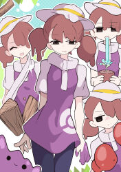  ._. 1girl absurdres black_eyes blade_arm boxing_gloves brown_hair closed_eyes closed_mouth cowboy_shot cutting ditto dripping female_protagonist_(pokemon_pokopia) hat highres holding holding_plant jitome multiple_views open_mouth outline pants plant poke_ball_print pokemon pokemon_(creature) pokemon_focus pokemon_move pokemon_pokopia potted_plant purple_shirt putchi_(kinokonokami) shirt short_sleeves smile transformed_ditto twintails water water_gun_(pokemon) white_hat white_outline 