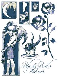  barefoot bottle ciel_phantomhive ciel_phantomhive&#039;s_brother collage crescent_moon disembodied_head ecler_ecler flower forest full_body grey_socks highres holding holding_lantern kuroshitsuji lantern limited_palette mini_wings moon nature perfume_bottle sandals sebastian_michaelis shirt shorts socks walking white_shirt wings 