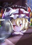  1girl blonde_hair crystal flandre_scarlet hat hat_ribbon head_on_table head_rest highres looking_at_viewer mizunisabano night open_window portrait_(object) red_eyes red_nails red_ribbon reflection remilia_scarlet ribbon short_sleeves side_ponytail sitting slit_pupils touhou wall window wings wrist_cuffs 