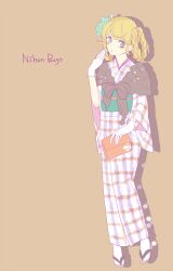  1girl alternate_costume alternate_hairstyle black_bow blonde_hair blush bow commentary_request danganronpa_(series) danganronpa_2:_goodbye_despair eyelashes flower gloves green_eyes green_sash hair_flower hair_ornament hair_rings holding japanese_clothes kimono obi plaid_clothes plaid_kimono saikorashii saionji_hiyoko sandals sash simple_background socks solo white_gloves white_socks 