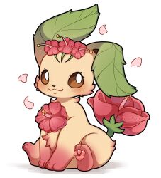  absurdres animal_focus blush brown_eyes brown_fur closed_mouth flower full_body green_fur highres leaf leafeon looking_at_viewer no_humans petals pokemon pokemon_(creature) pokemon_focus sevi_(seviyummy) simple_background smile tail white_background yellow_fur 