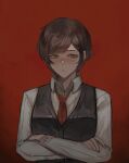  1girl black_vest brown_eyes cindymeimezu closed_mouth collared_shirt crossed_arms half-closed_eyes highres limbus_company looking_at_viewer necktie outis_(limbus_company) project_moon red_background red_necktie shirt short_hair solo upper_body vest white_shirt 