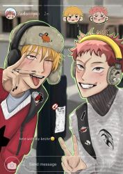  2boys :d ;d alternate_costume aransmind backpack bag black_nails blonde_hair blush brown_eyes chainsaw_man chibi chibi_inset denji_(chainsaw_man) english_text fushiguro_megumi gojou_satoru green_outline grey_shirt grills headphones highres ibispaint_(medium) instagram_story itadori_yuuji jewelry jujutsu_kaisen looking_at_viewer multiple_boys one_eye_closed outline pink_hair pochita_(chainsaw_man) red_sweater ring ryoumen_sukuna_(jujutsu_kaisen) ryoumen_sukuna_(true_form)_(jujutsu_kaisen) scar scar_on_cheek scar_on_face scar_on_forehead scar_on_lip selfie sharp_teeth shirt smile sticker sweater teeth tongue tongue_out turtleneck turtleneck_sweater twitter_username ushanka v wanted_poster white_trim 