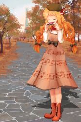  1girl autumn autumn_leaves beret black_bow boots bow braid brown_boots brown_dress brown_hair building chyndea closed_eyes commentary day dress dress_bow english_commentary full_body hair_bow harmonica hat highres holding holding_instrument instrument leaf long_hair lumiose_city music musical_note musical_note_print official_alternate_costume official_alternate_hairstyle outdoors path playing_instrument pokemon pokemon_(anime) pokemon_the_movie:_diancie_and_the_cocoon_of_destruction pokemon_xy_(anime) prism_tower serena_(pokemon) shadow shirt shirt_under_dress sky solo standing tower tree twin_braids twintails white_shirt 