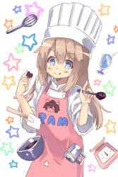  1girl apron blue_eyes bowl brown_hair chef chef_hat flat_top_chef_hat hair_between_eyes hat highres holding holding_spoon kitchen_scale long_hair neptune_(series) normaland pink_apron ram_(neptunia) spoon star_(symbol) star_symbol_background weighing_scale whisk 