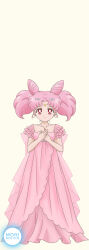  1girl bishoujo_senshi_sailor_moon bishoujo_senshi_sailor_moon_crystal chibi_usa collarbone cone_hair_bun crescent crescent_facial_mark double_bun dress facial_mark forehead_mark frilled_dress frills hair_bun highres jewelry morimoon necklace own_hands_together pink_dress pink_hair red_eyes small_lady_serenity smile solo twintails 