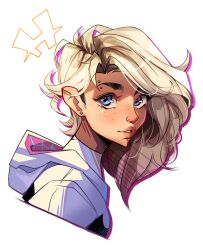  1girl asymmetrical_hair blonde_hair blue_eyes bodysuit cropped_torso earrings eyebrow_piercing face_piercing freckles gwen_stacy highres hood hood_down hooded_bodysuit jewelry marvel medium_hair parted_bangs parted_lips piercing pimozzarella portrait solo spider-gwen spider-man:_into_the_spider-verse spider-man_(series) spider-verse stud_earrings superhero_costume swept_bangs white_background 