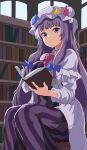  1girl :/ blue_bow blue_ribbon blunt_bangs book bookshelf bow bowtie breasts crescent crescent_hat_ornament dress feet_out_of_frame hat hat_ornament highres holding holding_book indoors knees_together_feet_apart large_breasts long_hair looking_at_viewer mob_cap open_book patchouli_knowledge purple_hair ribbon sitting solo striped striped_dress suberaku touhou vertical-striped_dress vertical_stripes very_long_hair violet_eyes 
