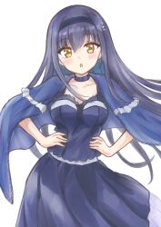  1girl :o black_camisole black_choker black_hair black_hairband black_shirt blue_capelet blush bone_hair_ornament breasts camisole capelet choker collarbone commentary cowboy_shot eyes_visible_through_hair floating_hair free_palet frilled_capelet frills hair_between_eyes hair_ornament hairband hands_on_own_hips highres kushima_kamome large_breasts long_hair long_skirt looking_at_viewer open_mouth shirt simple_background skirt skull_and_crossbones skull_hair_ornament solo straight_hair summer_pockets very_long_hair white_background yellow_eyes yellow_pupils 