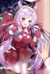  1boy 1girl :d antlers bag bell blue_archive blue_eyes blush breasts chinese_commentary christmas commentary_request fake_antlers fang foot_out_of_frame gift_bag hair_bobbles hair_ornament hairclip halo hanae_(blue_archive) hanae_(christmas)_(blue_archive) hands_up happy hat heart heart_hair_ornament heart_halo highres holding holding_bag holding_bell holly_hair_ornament horns indoors large_breasts long_hair looking_at_viewer low_twintails mittens night official_alternate_costume official_alternate_hairstyle open_mouth parallel_hairclips pink_halo plaid_clothes plaid_skirt pom_pom_(clothes) pov pov_hands purple_hair red_hat red_mittens red_skirt red_sweater reindeer_antlers ribbed_sweater santa_costume sensei_(blue_archive) shadow sidelocks skin_fang skirt smile snowing solo_focus standing standing_on_one_leg sweater twintails user_fffx2448 very_long_hair 