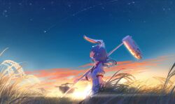 1girl animal_ears backlighting blue_dress blue_hair blue_sky commentary_request dress expressionless frilled_dress frills from_side highres holding_tool kajatony kine looking_up mallet merchandise_available night night_sky orange_clouds profile puffy_short_sleeves puffy_sleeves rabbit_ears rabbit_girl red_eyes scarecrow seiran_(touhou) shooting_star short_sleeves sky solo star_(sky) starry_sky sunset touhou twintails wheat_field 