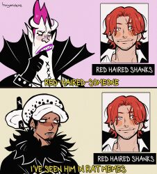  2boys absurdres artist_name beard black_hair character_name collared_shirt commentary earrings english_commentary english_text facial_hair gecko_moria gloves goatee hat high_collar highres horns huyandere jewelry multiple_boys one_piece purple_hair purple_lips scar scar_across_eye scar_on_face shanks_(one_piece) sharp_teeth shirt short_hair smile teeth trafalgar_law 