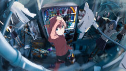  4girls absurdres black_sleeves blonde_hair blue_eyes blue_hair bocchi_the_rock! bow bowtie chinese_commentary commentary_request cube_hair_ornament gotoh_hitori hair_ornament highres ijichi_nijika jacket kita_ikuyo long_hair long_sleeves multiple_girls pants pants_under_skirt partial_commentary pink_hair pink_jacket pink_pants pink_track_suit pleated_skirt red_bow red_bowtie red_hair school_uniform shimokitazawa_high_school_uniform shuka_high_school_uniform side_ponytail skirt track_jacket track_suit vending_machine yamada_ryo yellow_eyes yiqiuwan 