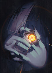  1girl absurdres black_arm_warmers black_choker black_dress black_hair black_nails breasts choker coat dress glowing glowing_eye grey_hair hair_ornament highres hololive hololive_english lace lace-trimmed_choker lace_choker lace_trim long_hair looking_at_viewer multicolored_hair pitespear shiori_novella shiori_novella_(1st_costume) solo split-color_hair striped_arm_warmers two-tone_hair virtual_youtuber yellow_eyes 