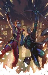  2boys aiming arsenal_(dc) black_bodysuit black_gloves blonde_hair bodysuit bow_(weapon) brown_coat city coat crossbow dc_comics domino_mask ejikure fingerless_gloves gloves green_arrow green_arrow_(series) green_bodysuit green_mask highres holding holding_bow_(weapon) holding_crossbow holding_weapon mask multiple_boys oliver_queen open_clothes open_coat orange_hair outdoors red_bodysuit red_mask roy_harper two-tone_bodysuit weapon 