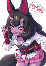  1girl :3 animal_ears belt black_fur black_hair blonde_hair blush bow bowtie bracelet brown_belt collared_shirt colored_skin cowboy_shot elbow_gloves fangs fingerless_gloves fox_ears fox_girl fox_tail fur_trim gloves gold_bracelet hair_between_eyes hair_tubes highres horns japari_symbol jewelry kemono_friends kemono_friends_3 kinkaku_(kemono_friends) kosai_takayuki long_hair multicolored_hair open_mouth plaid_clothes plaid_skirt pleated_skirt puffy_short_sleeves puffy_sleeves red_bow red_bowtie red_skin red_skirt shirt short_sleeves sidelocks skirt smile solo tail white_shirt yellow_eyes 