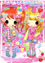  2girls blonde_hair blue_boots blue_bow blue_shorts blue_skirt blush boots bow canihavepromo character_name english english_text fruit gem handbag heart high_heels holding holding_bag large_bow leg_warmers long_sleeves medium_hair multicolored_clothes musical_note one_eye_closed orange_eyes orange_hair original outline pale_skin pink_background pink_bow pink_eyes pink_shirt pink_sleeves ponytail purse red_shoes shirt shoes short_skirt shorts skirt smile socks star_(symbol) star_hair_ornament strawberry striped striped_legwear text tongue tongue_out vest yellow_sleeves yellow_vest 