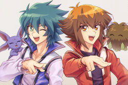  2boys black_shirt blue_vest brown_eyes collarbone commentary_request crystal_beast_ruby_carbuncle duel_monster green_eyes jacket johan_andersen long_sleeves looking_at_viewer male_focus moisukii multiple_boys one_eye_closed open_mouth red_jacket shirt short_hair vest white_shirt winged_kuriboh yu-gi-oh! yu-gi-oh!_gx yuki_judai 