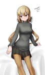  absurdres black_bow black_skirt bow brown_eyes brown_hair brown_pantyhose dress facing_viewer feet_out_of_frame grey_sweater hair_bow highres kantai_collection long_hair looking_back low_twintails maru_(marg0613) one-hour_drawing_challenge pantyhose pleated_dress sideways_glance simple_background skirt sweater tashkent_(kancolle) turtleneck turtleneck_sweater twintails white_background 