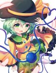  1girl absurdres black_headwear bow buttons commentary diamond_button eyeball frilled_shirt_collar frilled_sleeves frills green_eyes green_hair green_skirt hat hat_bow hat_ribbon heart heart_of_string highres karuru634 komeiji_koishi long_sleeves looking_at_viewer open_mouth ribbon shirt short_hair skirt smile solo third_eye touhou white_background wide_sleeves yellow_ribbon yellow_shirt 