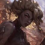  1girl absurdres blonde_hair blurry blurry_background brown_hair cheekbones dark-skinned_female dark_skin day english_commentary funna highres league_of_legends looking_at_viewer medium_hair multicolored_hair outdoors red_eyes red_lips rell_(league_of_legends) solo two-tone_hair upper_body 