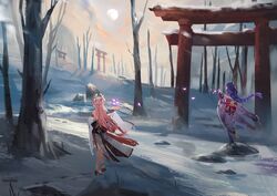  2girls animal_ears fox_ears fox_girl genshin_impact highres japanese_clothes kimono long_braid long_hair multiple_girls multiple_torii nontraditional_miko pink_hair purple_hair purple_kimono raiden_shogun ren_(s_kradio) snow stream sun torii tree yae_miko 