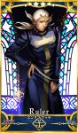  1boy card_(medium) card_parody cassock character_name contrapposto crossover dark-skinned_male dark_skin enrico_pucci fate/grand_order fate_(series) hand_on_own_hip jojo_no_kimyou_na_bouken male_focus multiple_tails mutton_chops ponytail pppuni servant_card_(fate/grand_order) solo stained_glass star-shaped_pupils star_(symbol) stone_ocean symbol-shaped_pupils tail white_hair 