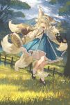  1girl absurdres animal_ears arknights bag basket black_cat blonde_hair blue_skirt cardigan cat crossover day fox_ears fox_girl fox_tail frilled_hairband frills grass green_eyes hairband highres holding holding_basket kitsune lace-trimmed_skirt lace_trim large_ears looking_at_viewer luoxiaohei multiple_tails neck_ribbon open_mouth outdoors red_ribbon ribbon shi_shihou shoulder_bag skirt suzuran_(arknights) suzuran_(spring_praise)_(arknights) tail the_legend_of_luo_xiaohei tree yellow_cardigan 