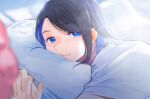  1girl black_hair blue_eyes blue_hair blurry blurry_foreground closed_mouth depth_of_field highres interlocked_fingers kawaoka_sachio looking_at_viewer multicolored_hair original own_hands_clasped own_hands_together pillow shirt short_sleeves solo two-tone_hair upper_body white_shirt 