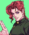  1boy cherry_earrings earrings food-themed_earrings gakuran green_background highres jewelry jojo_no_kimyou_na_bouken kakyoin_noriaki male_focus redhead ruushii_(lucy_steel6969) school_uniform smile solo stardust_crusaders 