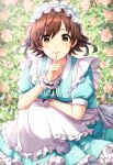 1girl absurdres apron brown_eyes brown_hair dress finger_to_mouth flower frilled_dress frills green_dress headdress highres honda_mio idolmaster idolmaster_cinderella_girls idolmaster_cinderella_girls_starlight_stage looking_at_viewer open_mouth pink_flower pink_rose popon_ta rose scrunchie short_hair short_sleeves smile solo squatting white_apron 