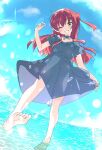  1girl barefoot black_dress blue_sky bocchi_the_rock! clouds commentary_request day dress green_eyes ixy kita_ikuyo long_hair looking_at_viewer ocean outdoors redhead sky smile solo toes 