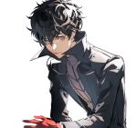  1boy amamiya_ren binxngchng1 black_hair black_jacket gloves grey_eyes high_collar highres jacket long_sleeves male_focus open_clothes open_jacket persona persona_5 red_gloves short_hair simple_background solo white_background 