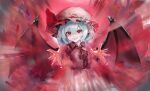  1girl absurdres ascot bat_wings commentary_request grey_hair hat hat_ribbon highres looking_at_viewer mob_cap pink_headwear pink_shirt pointy_ears red_ascot red_background red_eyes red_ribbon remilia_scarlet ribbon shirt smile solo strawberry_ml9 touhou upper_body wings 