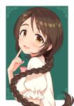  1girl aihara_yukino artist_name braid brown_eyes brown_hair cinderella_girls_gekijou finger_to_mouth from_side green_background hair_ornament highres idolmaster idolmaster_cinderella_girls long_hair looking_at_viewer neck_ribbon open_mouth pink_ribbon ribbon shirt short_sleeves smile solo thick_eyebrows very_long_hair wgm_oekaki white_shirt 