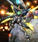 after_war_gundam_x battle beam_cannon beam_rifle commentary energy_gun explosion glowing glowing_eyes green_eyes gun gundam gundam_double_x hiropon_(tasogare_no_puu) holding holding_gun holding_weapon mecha mobile_suit moon photo_background robot satellite_cannon science_fiction shield space v-fin weapon 