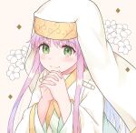  1girl blush fingernails flat_chest floral_background gold_trim green_eyes habit index_(toaru_majutsu_no_index) leaning_forward light_smile long_hair long_sleeves nun own_hands_clasped own_hands_together portrait praying remoa robe safety_pin solo standing toaru_majutsu_no_index white_robe yellow_background 
