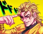  1boy blonde_hair bracelet dio_brando dodododo earrings eyelashes fangs highres jacket jewelry jojo_no_kimyou_na_bouken male_focus official_style pointing pointing_at_self red_eyes ruushii_(lucy_steel6969) solo sound_effects stardust_crusaders turtleneck vampire yellow_background yellow_jacket 