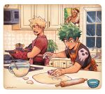  2boys absurdres all_might apron artist_name baking bakugou_katsuki black_shirt blonde_hair body_freckles boku_no_hero_academia cabinet calendar_(object) commentary cookie_cutter english_commentary freckles green_eyes green_hair habkart hat heart highres holding holding_tray indoors kitchen looking_at_another male_focus microwave midoriya_izuku multiple_boys open_mouth orange_apron oven_mitts pink_apron red_eyes red_shirt rolling_pin santa_costume santa_hat scar scar_on_hand shirt short_hair short_sleeves sink spiky_hair standing stove t-shirt tray wooden_spoon 