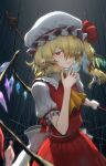  1girl ascot blonde_hair blush crystal fang fingernails flandre_scarlet frilled_sleeves frills hair_over_one_eye harapan-kun hat highres laevatein_(touhou) long_hair mob_cap pointy_ears red_eyes red_skirt red_vest short_sleeves side_ponytail skirt slit_pupils solo touhou vest white_headwear wings yellow_ascot 