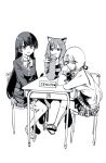  3girls :3 animal_ear_fluff animal_ears blazer bow bowtie braid cardigan cat_ears cat_girl closed_mouth collared_shirt commentary desk fish_hair_ornament french_braid full_body fumino_tamaki greyscale hair_ornament hairclip hand_on_own_cheek hand_on_own_chin hand_on_own_face hands_on_lap head_rest hime_cut hood hood_down hoodie jacket long_hair looking_at_another looking_at_viewer looking_to_the_side low_ponytail monochrome multiple_girls nijisanji on_chair open_clothes open_hoodie open_mouth plaid plaid_skirt pleated_skirt school_desk school_uniform shiina_yuika shirt shoes short_hair sign sign_around_neck sitting skirt sleeves_past_fingers sleeves_past_wrists smile t-shirt thigh-highs tokomichi translated tsukino_mito uwabaki v_arms virtual_youtuber 