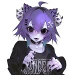  1girl animal_ears black_eyes black_nails black_shirt cat_ears fangs hair_ornament open_smile original pale_skin purple_hair ro47 shirt short_hair solo upper_body white_background 