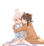  2girls ^_^ ahoge animal_costume animal_ears bear_costume bear_ears blue_hair blue_shirt blunt_bangs brown_eyes brown_hair closed_eyes commentary hair_between_eyes hozuki_momiji hug light_blush long_hair long_sleeves multicolored_hair multiple_girls onii-chan_wa_oshimai! oyama_mahiro pink_hair shirt short_hair short_ponytail simple_background sitting smile socks two-tone_hair white_background yituonongtang 