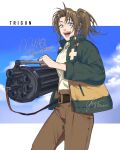  1girl artist_name blue_eyes blue_sky brown_hair character_name clouds cloudy_sky copyright_name cowboy_shot cross english_text gun highres holding holding_gun holding_weapon looking_at_viewer machine_gun medium_hair milly_thompson mobbonguyen open_mouth ponytail sky smile teeth tongue trigun trigun_stampede weapon 