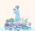  1boy artist_name bandage_over_one_eye black_hair flower from_behind highres hospital_gown omori plant potted_plant short_hair slippers solo spoilers standing sunny_(omori) zipsunz 